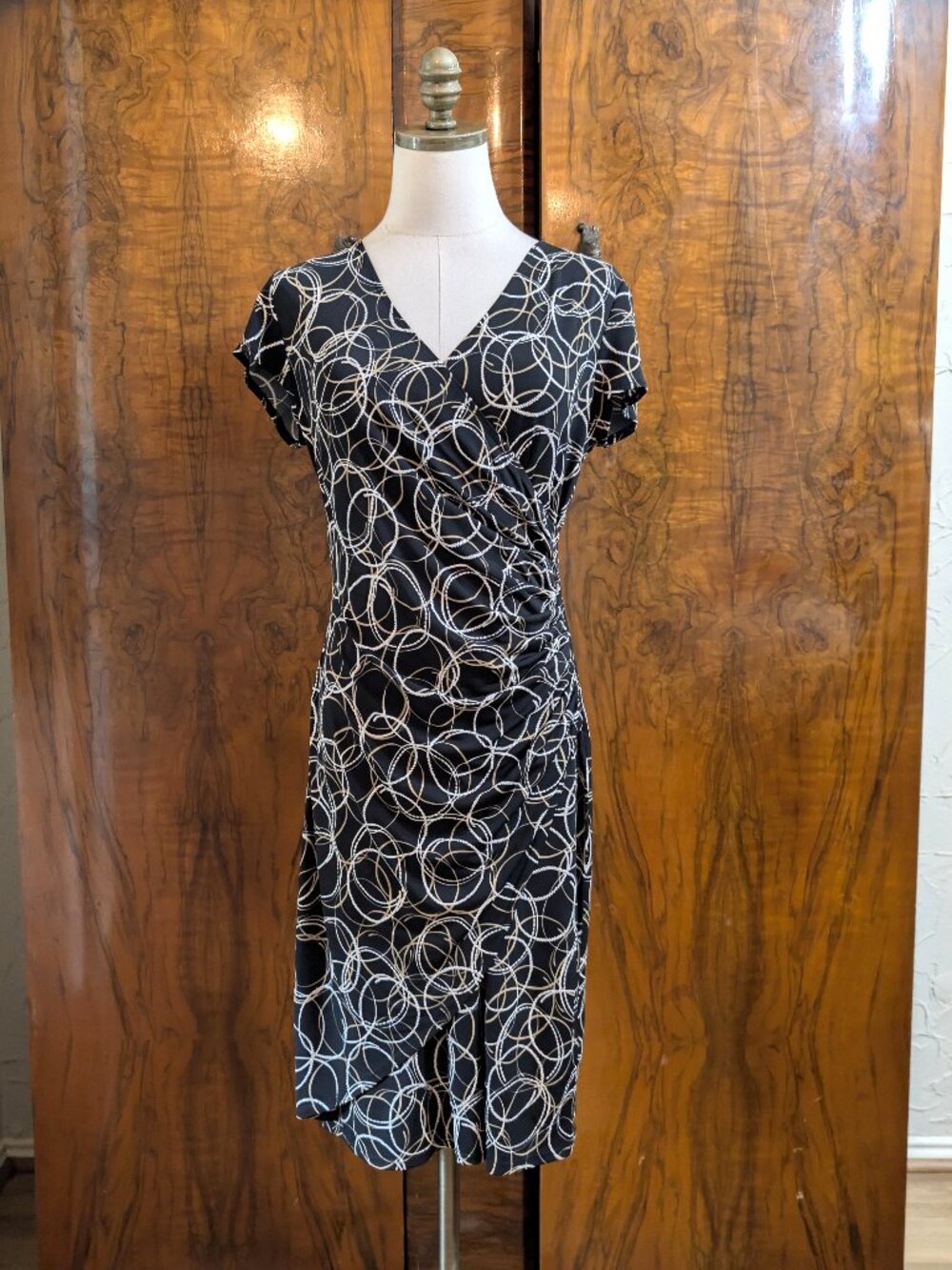 Joseph Ribkoff Faux Wrap Dress Size 10 Black Crossover Geometric Circles V-Neck